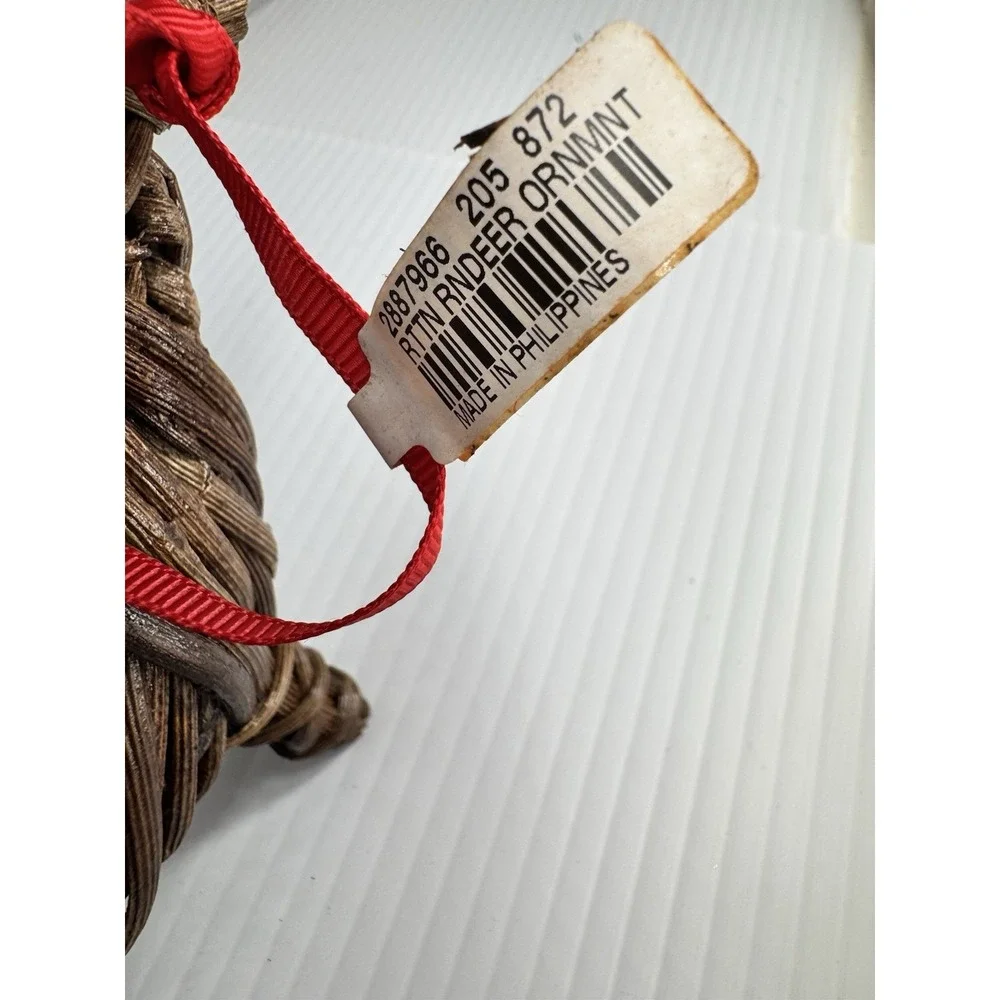 Pottery Barn NWT Reindeer Christmas Ornaments Deer Pair Wood Wicker Ribbon 7